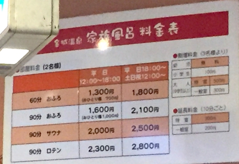 金城温泉の詳しい料金表（2019年現在）(クリックで拡大)