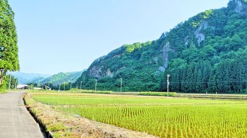 岳峰(だけのみね)の巨大な岩肌が右手に見える