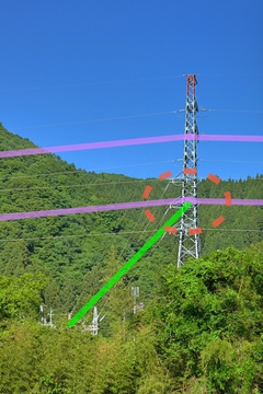 左の対岸に見える吉野第1発電所。手取線22番が電力を受ける。取水口ははるか先の対山橋の下(あとで通過する)