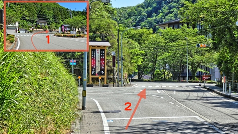 道の駅を右に出た後、二又を右、山中温泉街へ