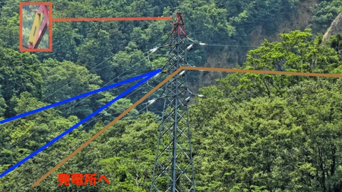 我谷線(茶)と枯淵線(青)の併架ポイント手前下の新我谷発電所に引き留め