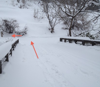 橋を渡ったら左の山道へ