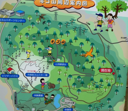 キゴ山案内図。現在地から点線を辿って山頂へ