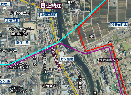 浅野川トライアングル図 津幡線(水色)浅野線(紫)御所浅野線(赤)
