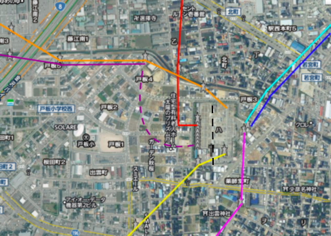 北金沢変電所接続図 津幡線(水色)北安江線(青)西金沢連絡線(明紫)松任連絡線(黄)金石線(茶)新小松線(暗紫)
