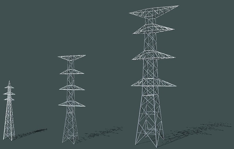電圧と鉄塔高 左から66kV(25m程度)/220kV(50m程度)/500kV(80m程度):日本鉄塔工業(株)より