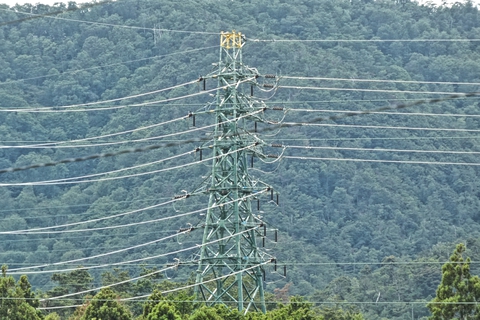 高島変電変電所北の緑色の環境調和色の丁字分岐鉄塔